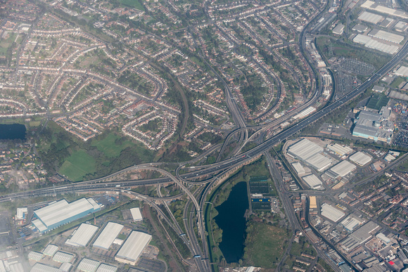 Spaghetti Junction on the M6 to the east of Birmingham city. M6 is left to right while the Aston Expressway is heading into the city bottom of pic.
