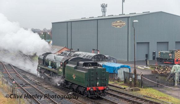 Bulleid Battle of Britain Pacific no 34053 Sir Keith Park arrives past the new diesel works.