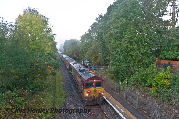 "Shed" Class 66 no 66067 passes through the village station at Claverdon after departure from Stratford at 7am.