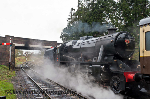 Stanier "Churchill" 8F 2-8-0 no 45160 stands at Winchcombe with the 10am service to Cheltenham