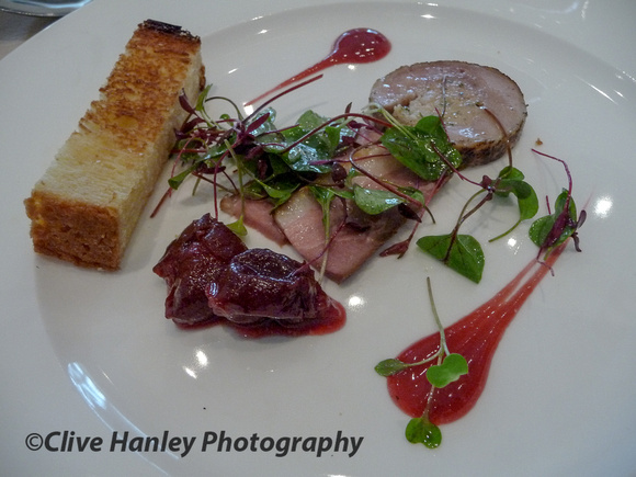 Assiette of duck with smoked breast, ballotine of leg, roulade of foie gras & cherry dressing