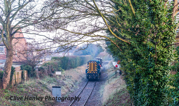 A Class 08 shunter departs Chinnor towards Princes Risborough with a working party.