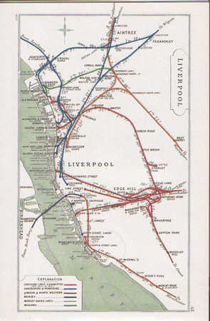 A detailed map of Liverpool railway lines. Aintree is towards the top.