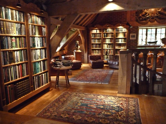Upstairs is a large library