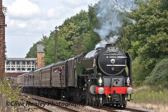 New build A1 Pacific 60163 Tornado departs Kidderminster with the Cathedrals Express