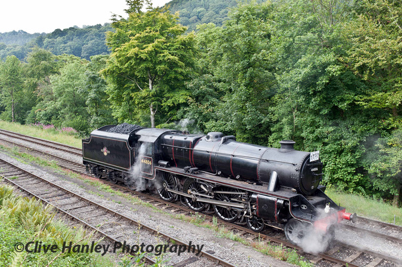 Stanier Black 5 no 44806 stands adjacent to the shed road at Llangollen