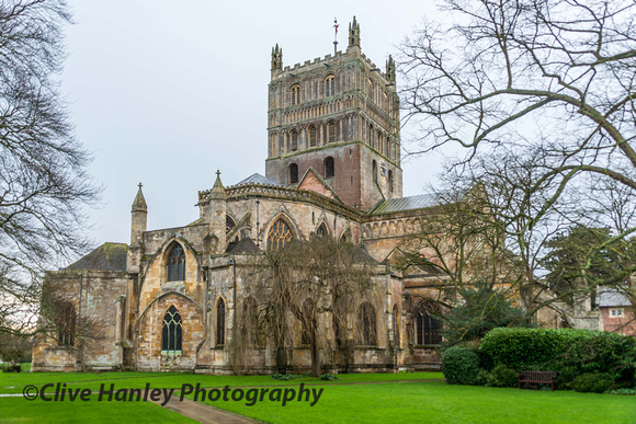 Tewkesbury Abbey. Founded in 1087, work commenced 1102, consecrated in 1121.