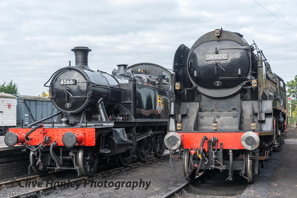 ex GWR Small Prairie tank loco no 4566 sits alongside Bulleid West Country Pacific no 34027 Taw Valley