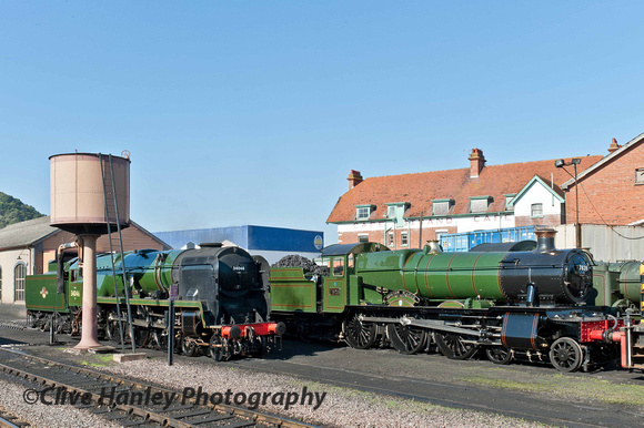 Preparations for the gala. 34046 Braunton and 7828 Odney Manor (running as "Norton Manor 40 Commando") stand at Minehead shed.