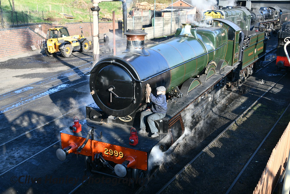 Jobs for the Girls! A lady loco cleaner works away on the smokebox of 2999.