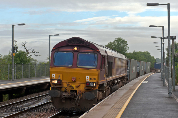 Class 66 "Shed" no 66103 heads southbound through Warwick Parkway station