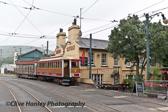 Electric railway no. 6 arrives at laxey from Ramsey in the drizzling rain.