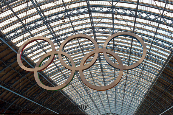 Inside St Pancras station. Why are the Olympic Rings coloured only on one side?