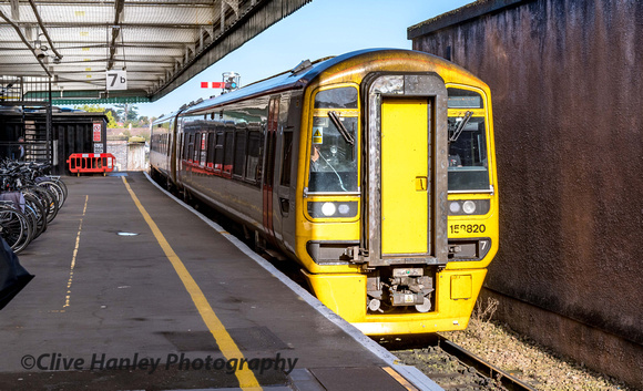 Unit 158820 arrives into platform 7 with the 7.26 service from Holyhead to Birmingham International.