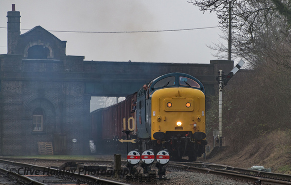 Deltic no 55019 accelerates away from Quorn with the van train...