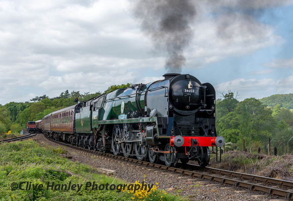 The SVR now has two Bulleid Pacifics to play with. 34053 Sir Keith Park takes the 1.40 from Bridgnorth away from Bewdley.