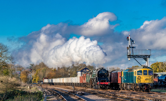 92214 makes its spectacular pass with the minsXL and is seen passing D6535 in the loop.