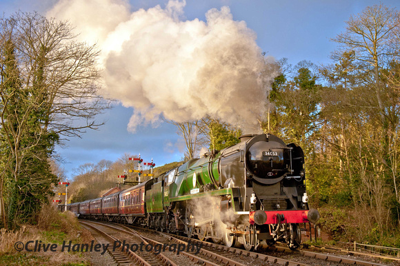 34053 Sir Keith Park departs Bewdley in late afternoon sunshine.