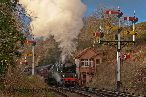 34053 Sir Keith Park passes Bewdley South box and the fine display of signals.