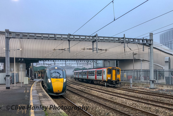 The 12.30 is formed by unit 150285 as it departs from Newport platform 1 as the Manchester Piccadilly service to Cardiff Central