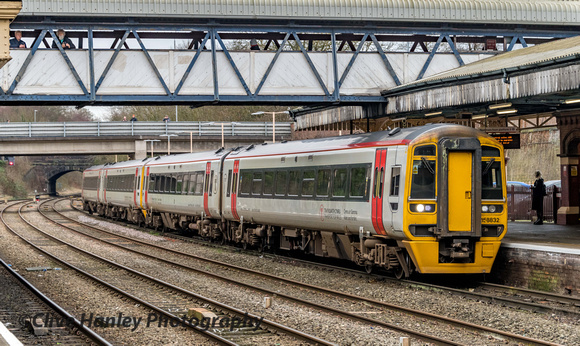 The 12.08 service from Birmingham International to Aberystwyth is formed of units 158832 & 158820