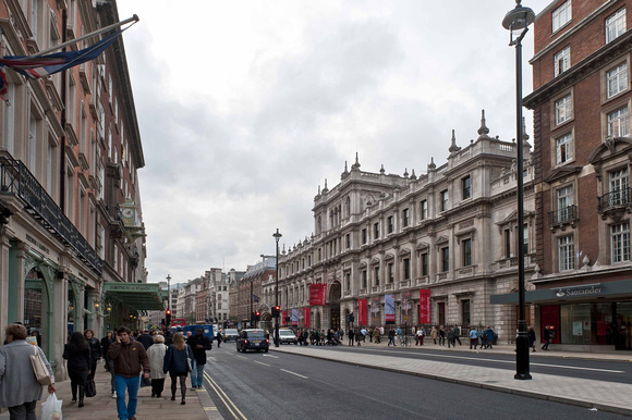Further down Piccadilly - Fortnum & Mason's store on the left while The Royal Academy is on the right.