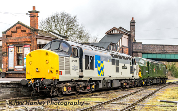 An unscheduled run first thing with two Class 37's appearing from under the bridge at Quorn