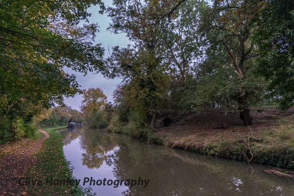 In the gloom - The abutment of the old bridge can be seen on the far bank. This enabled horses to be taken over the canal to be used in turning the narrow boats in the winding hole.