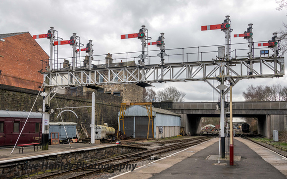 Another view of the signal gantry at Bury station