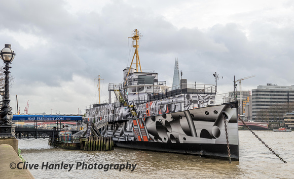 HMS President remains in it's temporary dazzle livery.