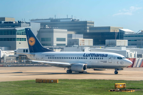 We pass a Lufthansa Boeing 737-500.