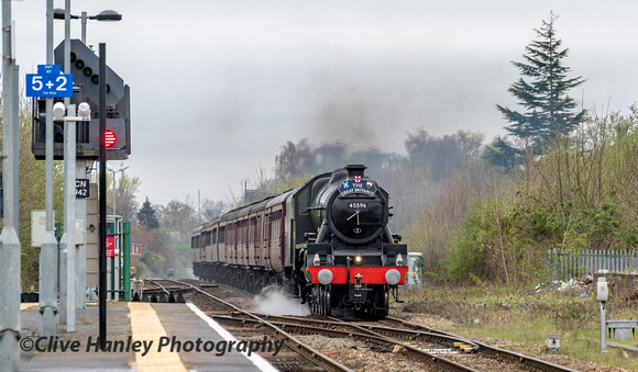 Stanier double-chimneyed Jubilee Class 4-6-0 no 45596 Bahamas approaches Wrexham General 30 down.