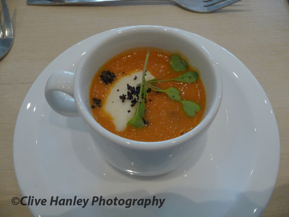 Home smoked tomato soup with goat’s cheese cream