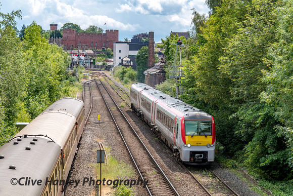 Looking towards the Castle a train headed north towards Wrexham