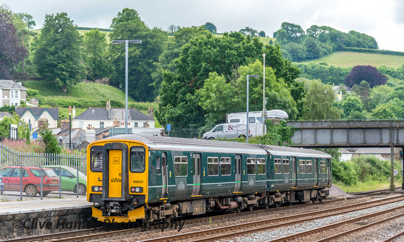 Unit 150247 departs west towards Plymouth.