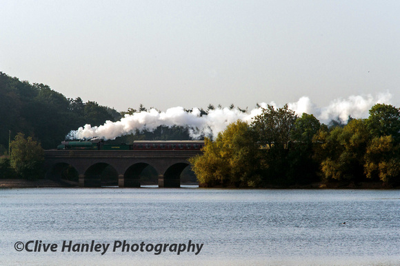 King Arthur Class 4-6-0 no (30)777 Sir Lamiel takes the 10am service from Loughborough across Swithland Viaduct.