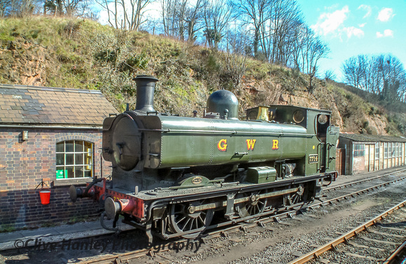 At Bewdley 0-6-0PT no 7714 sits at the depot in green livery.