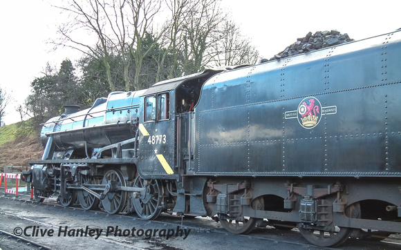 On shed at Bridgnorth is Stanier 8F no 48773 with the yellow stripe that indicates it must not go south of Crewe.