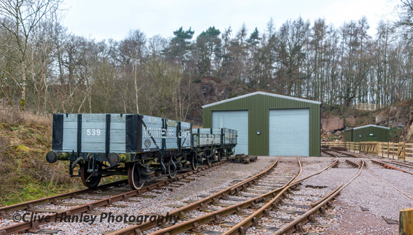 Tracks now lead into a small goods shed. A short rake of Mountsorrel Granite wagons.
