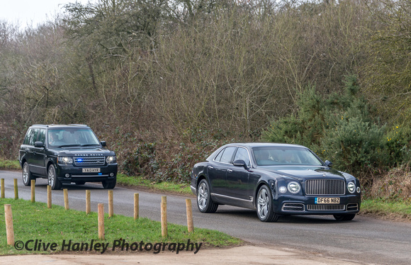 Prince Charles arrives at Mountsorrel station in his Bentley Mulsanne followed by his entourage and security team.