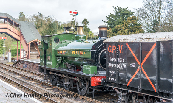 The diminutive GWR 0-6-0tank loco no 813 was in platform 2 with a short goods train.
