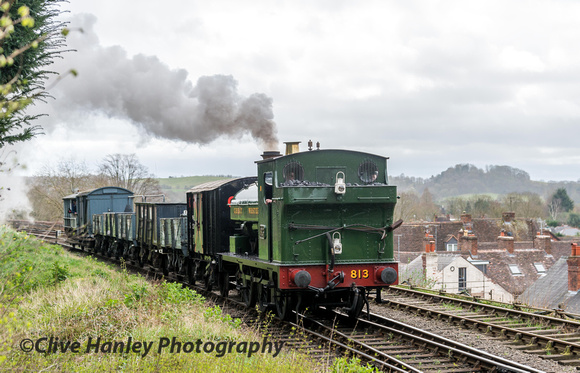 813 departs with its goods train to Highley.