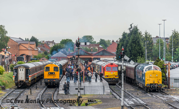 A general view across Kidderminster station with Class 20's, 60 & 55