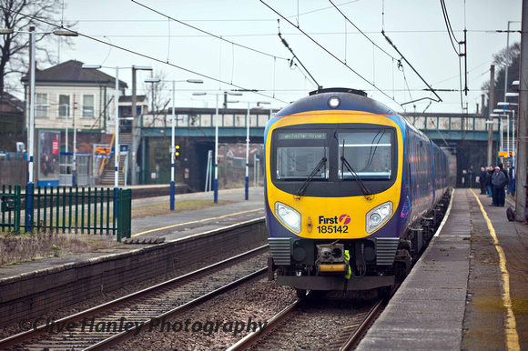 Unit 185142 roars through Leyland en route to Manchester Airport
