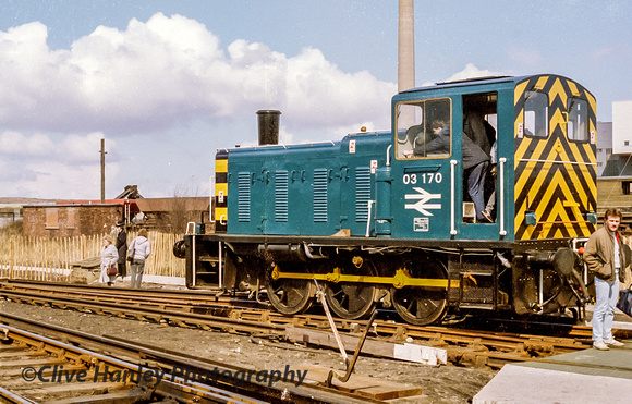 Class 03 dock shunter no 03170 - D2170. It was sold off when the Birkenhead dock railways closed in 1989. Now survives on the Epping-Ongar Railway.