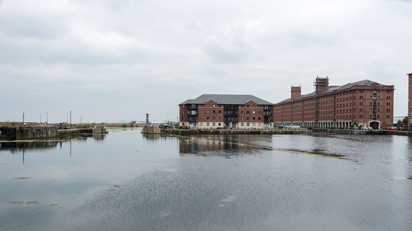 A view away from the city over the derelict docks - Princes half Tide dock and then East & West Waterloo Docks.