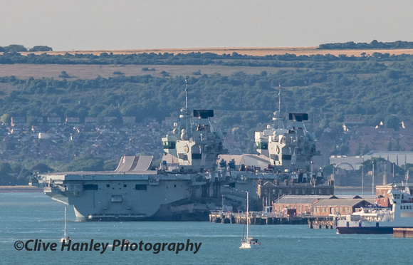 Passing Portsmouth with both new aircraft carriers in dock. HMS Queen Elizabeth  HMS Prince of Wales