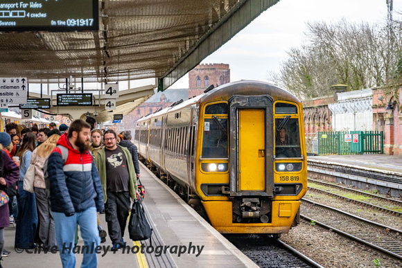 Unit nos 158819 & 158820 arrive from Birmingham as the 0808. It will depart by reversing to Aberystwyth