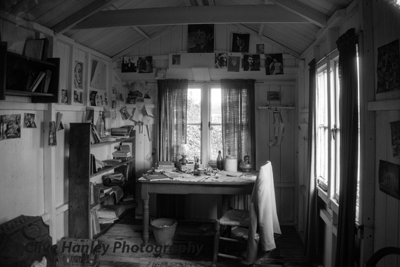 A look through the window of Dylan Thomas's writing shed.