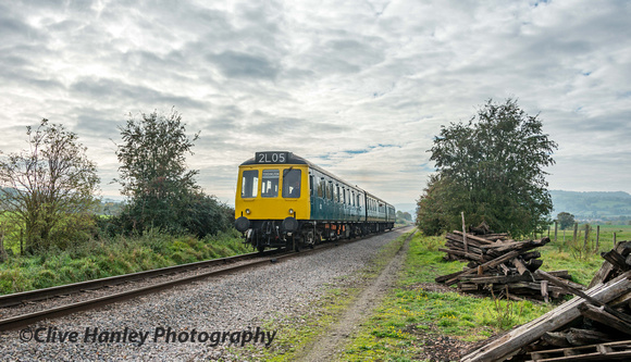 The DMU climbs Defford straight from Winchcombe with one of the hourly shuttle service trains.